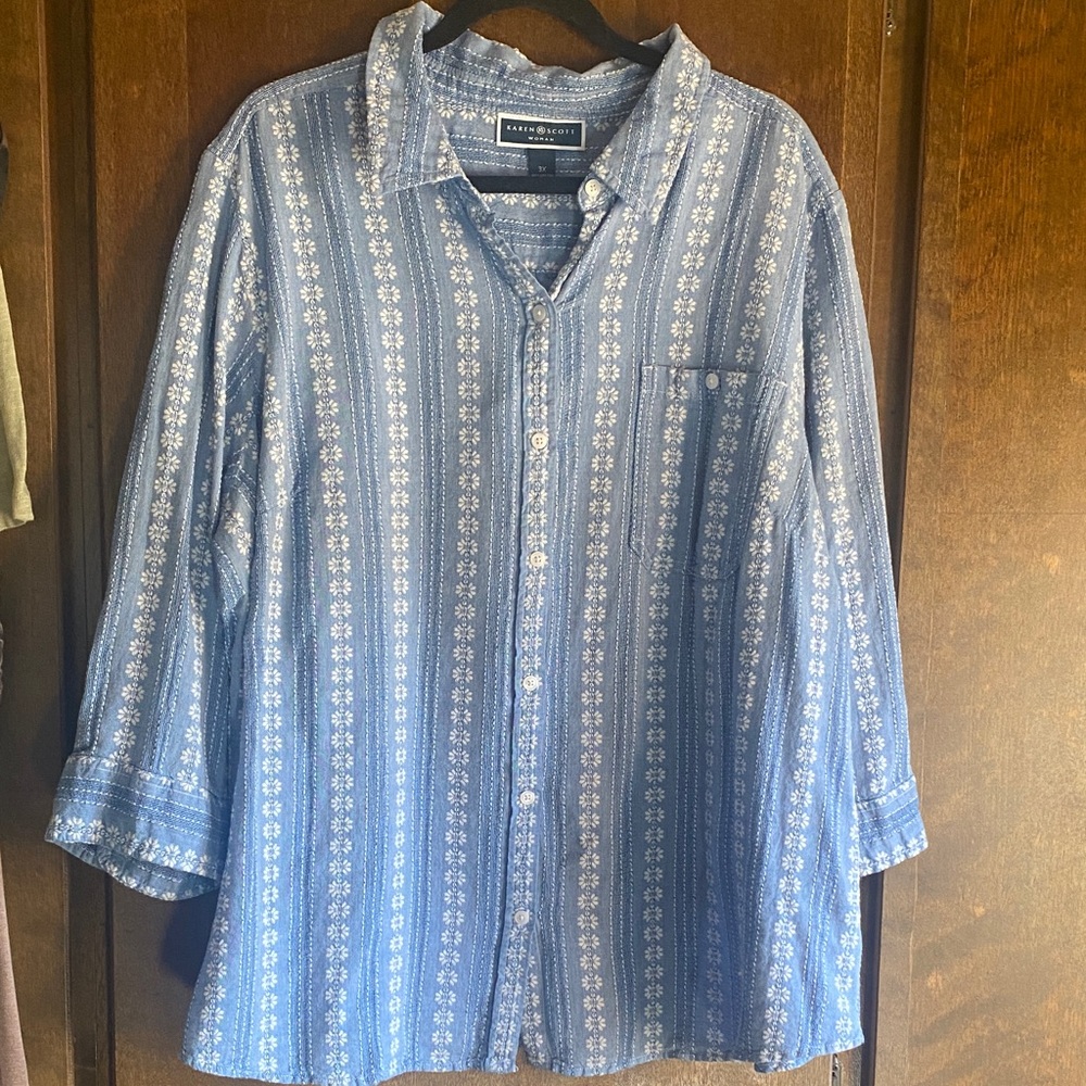 Karen Scott Blue and White Button Down Shirt